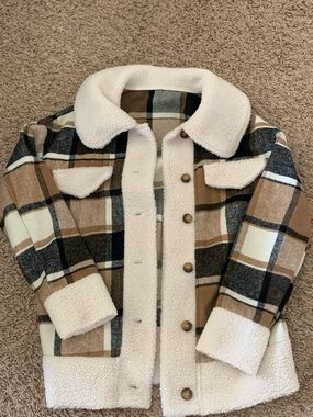 SHEIN Brown Black White Plaid Sherpa-Trim Jacket